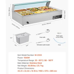 VEVOR Commercial Food Warmer, 1500W Electric Stainless Steel Steam Food Warmer with Glass Cover, 9-Pan Countertop Buffet Bain Marie with Soup & Perforated Ladles, for Catering, Restaurant & Party