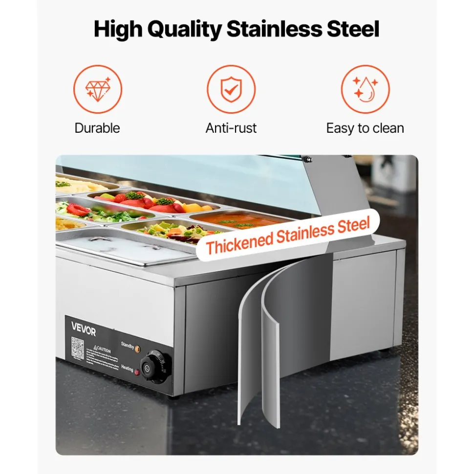 VEVOR Commercial Food Warmer, 1500W Electric Stainless Steel Steam Food Warmer with Glass Cover, 9-Pan Countertop Buffet Bain Marie with Soup & Perforated Ladles, for Catering, Restaurant & Party