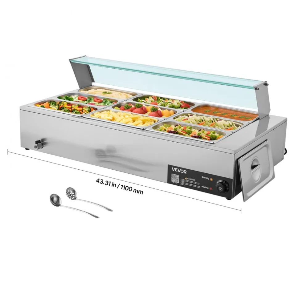 VEVOR Commercial Food Warmer, 1500W Electric Stainless Steel Steam Food Warmer with Glass Cover, 9-Pan Countertop Buffet Bain Marie with Soup & Perforated Ladles, for Catering, Restaurant & Party