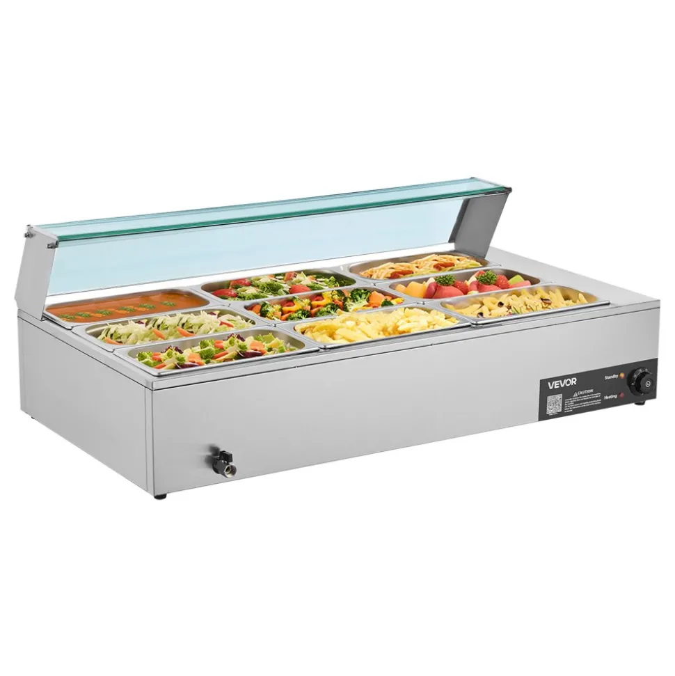 VEVOR Commercial Food Warmer, 1500W Electric Stainless Steel Steam Food Warmer with Glass Cover, 9-Pan Countertop Buffet Bain Marie with Soup & Perforated Ladles, for Catering, Restaurant & Party