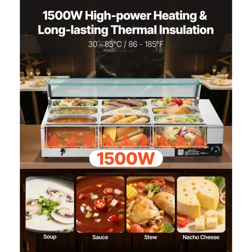 VEVOR Commercial Food Warmer, 1500W Electric Stainless Steel Steam Food Warmer with Glass Cover, 9-Pan Countertop Buffet Bain Marie with Soup & Perforated Ladles, for Catering, Restaurant & Party