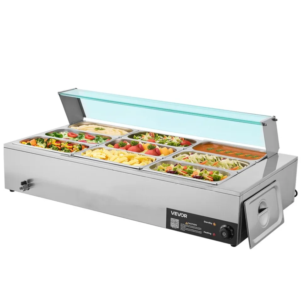 VEVOR Commercial Food Warmer, 1500W Electric Stainless Steel Steam Food Warmer with Glass Cover, 9-Pan Countertop Buffet Bain Marie with Soup & Perforated Ladles, for Catering, Restaurant & Party