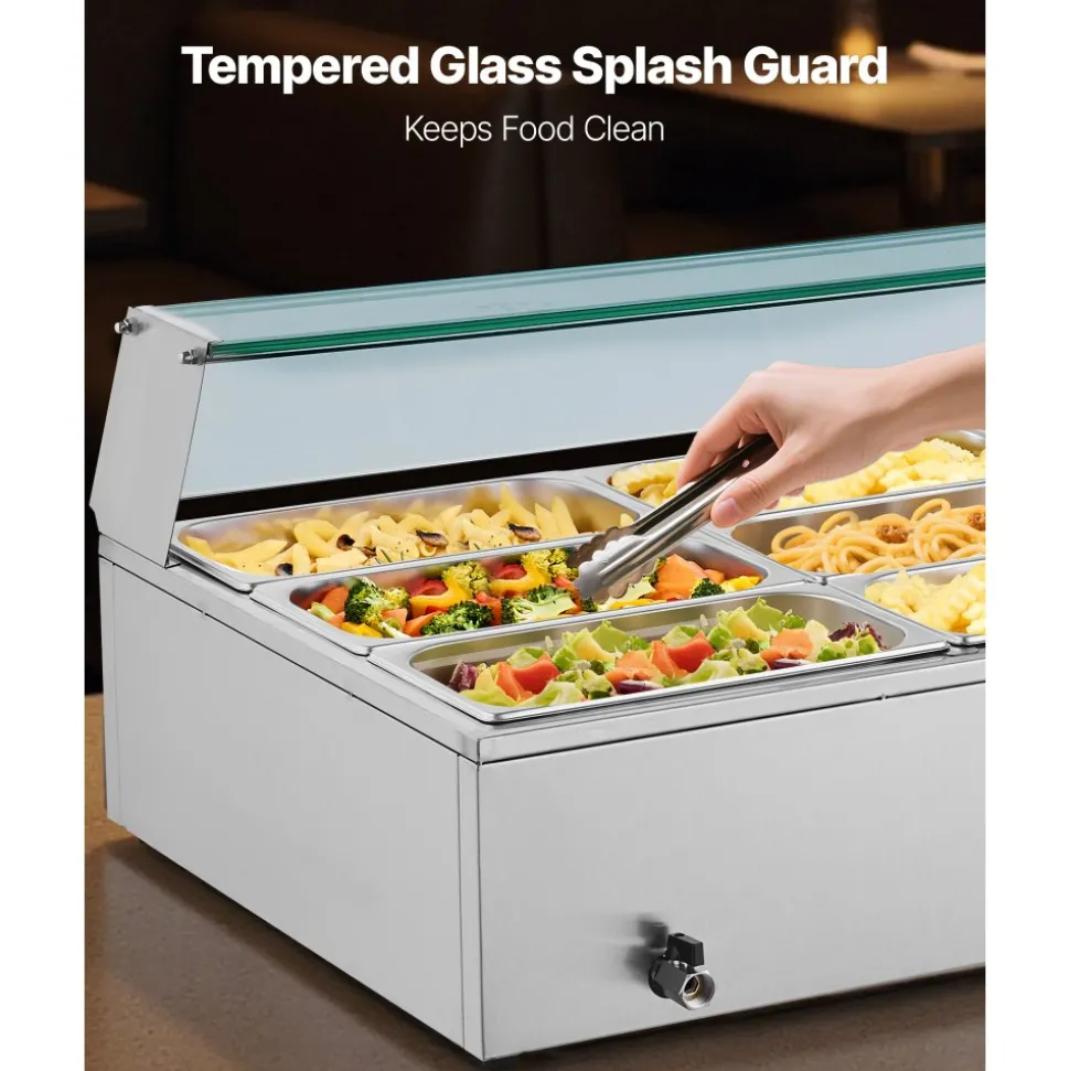 VEVOR Commercial Food Warmer, 1500W Electric Stainless Steel Steam Food Warmer with Glass Cover, 9-Pan Countertop Buffet Bain Marie with Soup & Perforated Ladles, for Catering, Restaurant & Party