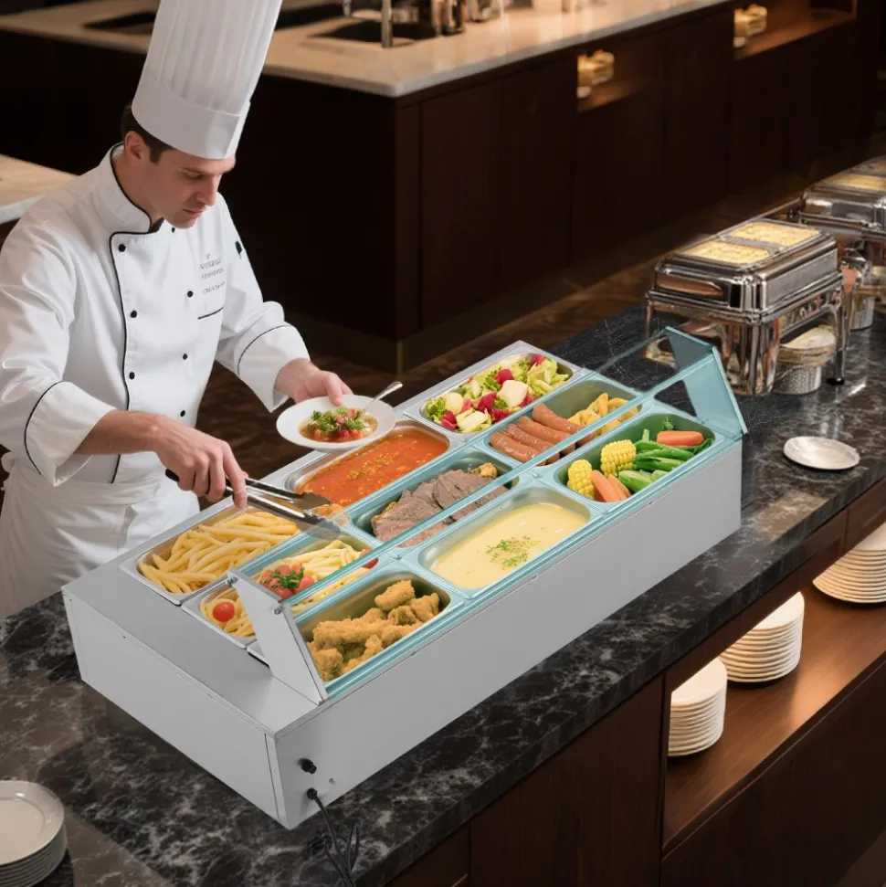 VEVOR Commercial Food Warmer, 1500W Electric Stainless Steel Steam Food Warmer with Glass Cover, 9-Pan Countertop Buffet Bain Marie with Soup & Perforated Ladles, for Catering, Restaurant & Party