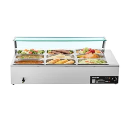 VEVOR Commercial Food Warmer, 1500W Electric Stainless Steel Steam Food Warmer with Glass Cover, 9-Pan Countertop Buffet Bain Marie with Soup & Perforated Ladles, for Catering, Restaurant & Party