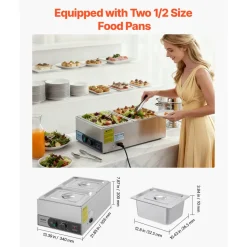 VEVOR Commercial Food Warmer, 1200W Electric Stainless Steel Steam Food Warmer, Fast Heating Countertop Buffet Bain Marie with Two 1/2 Size Food Pans, for Catering, Restaurants, Parties & Buffets