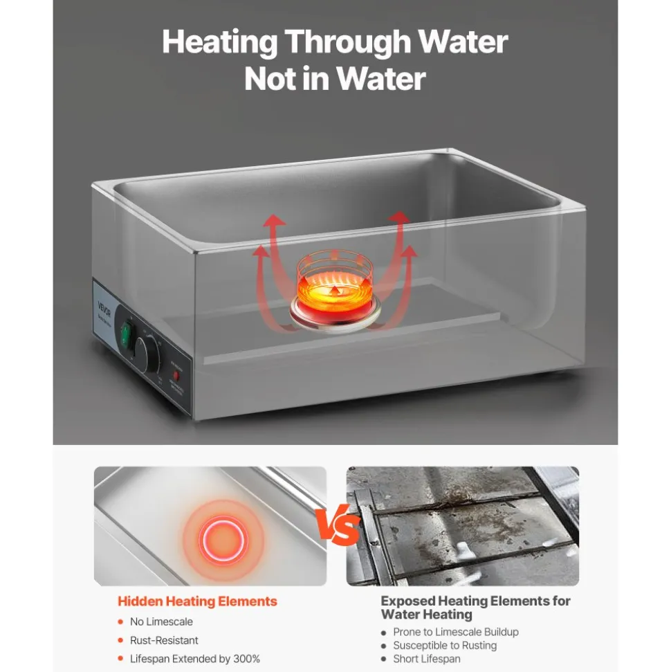 VEVOR Commercial Food Warmer, 1200W Electric Stainless Steel Steam Food Warmer, Fast Heating Countertop Buffet Bain Marie with Two 1/2 Size Food Pans, for Catering, Restaurants, Parties & Buffets