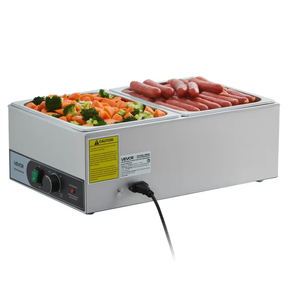 VEVOR Commercial Food Warmer, 1200W Electric Stainless Steel Steam Food Warmer, Fast Heating Countertop Buffet Bain Marie with Two 1/2 Size Food Pans, for Catering, Restaurants, Parties & Buffets