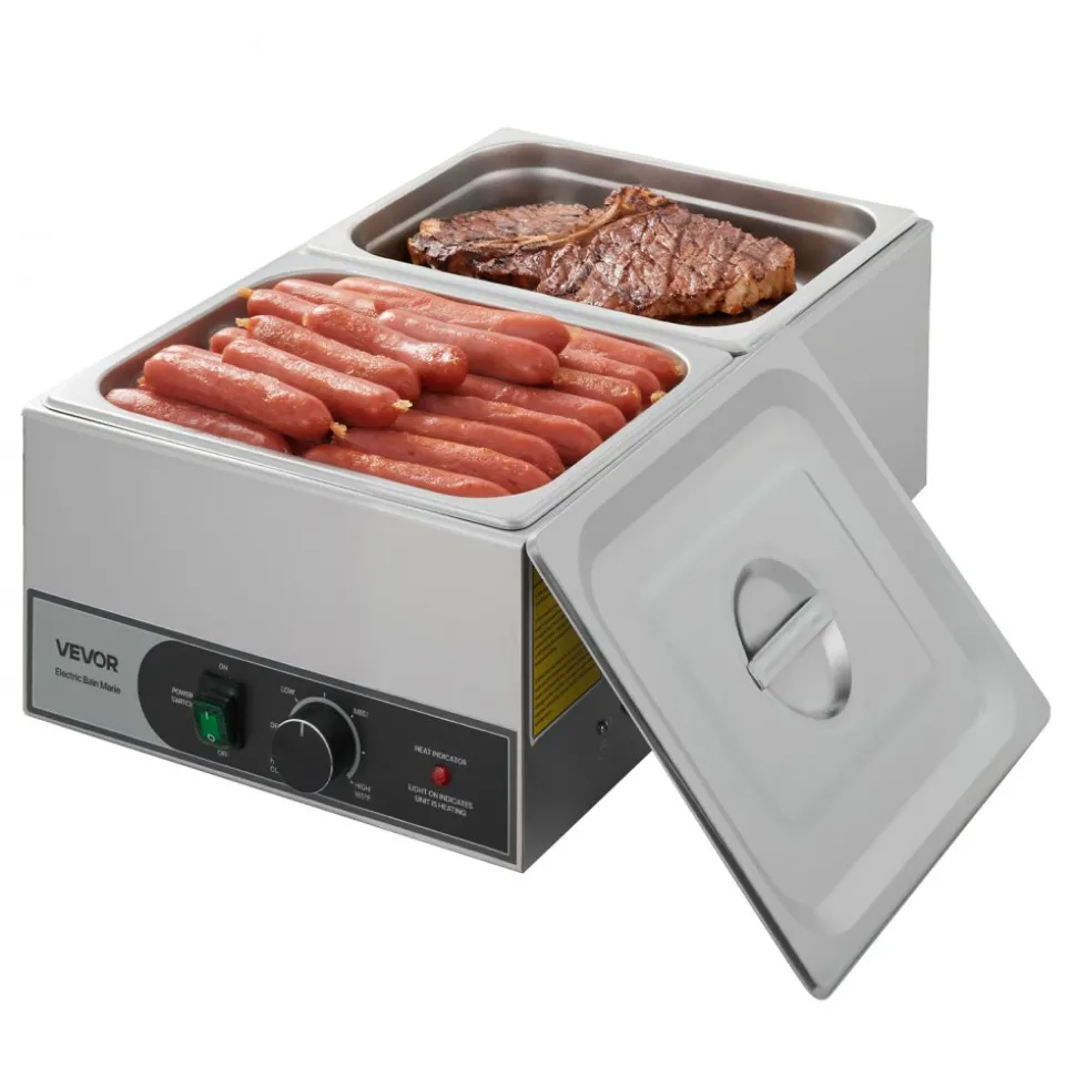 VEVOR Commercial Food Warmer, 1200W Electric Stainless Steel Steam Food Warmer, Fast Heating Countertop Buffet Bain Marie with Two 1/2 Size Food Pans, for Catering, Restaurants, Parties & Buffets