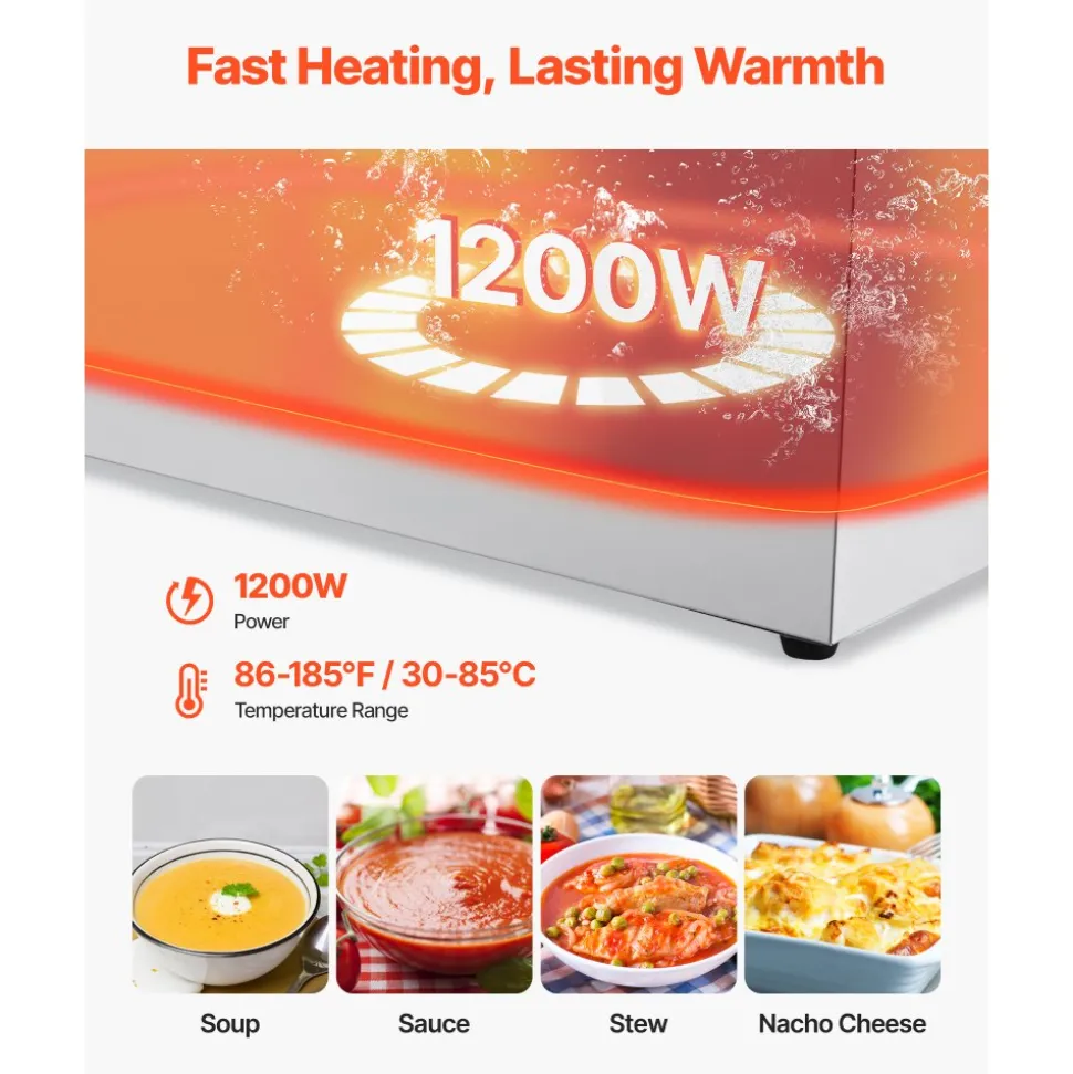 VEVOR Commercial Food Warmer, 1200W Electric Stainless Steel Steam Food Warmer, Fast Heating Countertop Buffet Bain Marie with Two 1/2 Size Food Pans, for Catering, Restaurants, Parties & Buffets