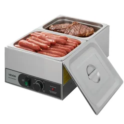 VEVOR Commercial Food Warmer, 1200W Electric Stainless Steel Steam Food Warmer, Fast Heating Countertop Buffet Bain Marie with Two 1/2 Size Food Pans, for Catering, Restaurants, Parties & Buffets