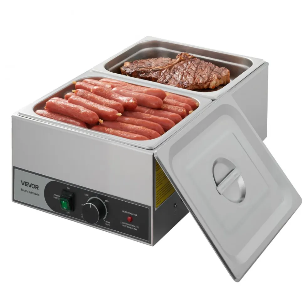 VEVOR Commercial Food Warmer, 1200W Electric Stainless Steel Steam Food Warmer, Fast Heating Countertop Buffet Bain Marie with Two 1/2 Size Food Pans, for Catering, Restaurants, Parties & Buffets