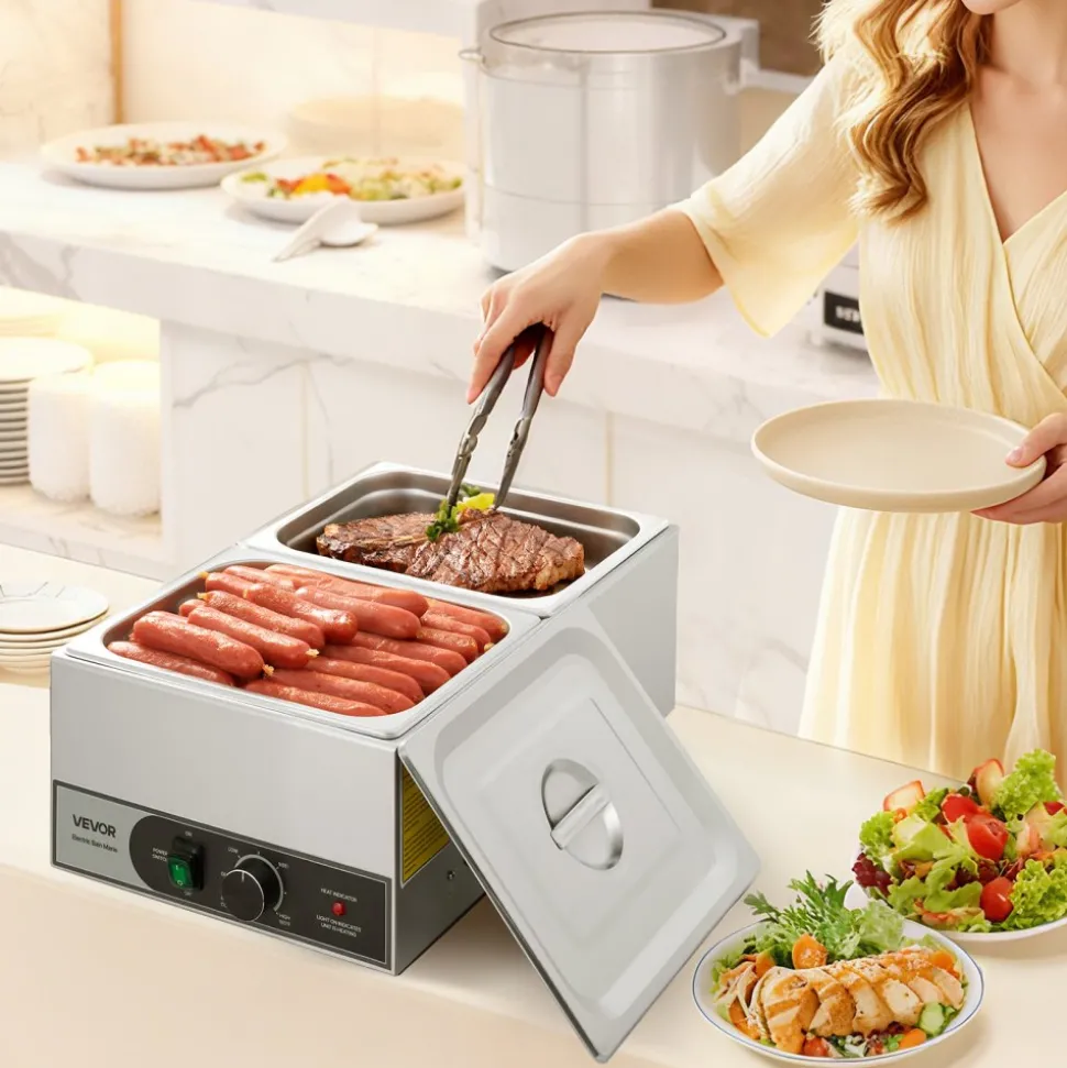 VEVOR Commercial Food Warmer, 1200W Electric Stainless Steel Steam Food Warmer, Fast Heating Countertop Buffet Bain Marie with Two 1/2 Size Food Pans, for Catering, Restaurants, Parties & Buffets