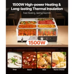 VEVOR Commercial Food Warmer, 1500W Electric Stainless Steel Steam Food Warmer, Fast Heating Countertop Buffet Bain Marie with Power Cord & Divider Strip, for Catering, Restaurants, Parties, Buffets