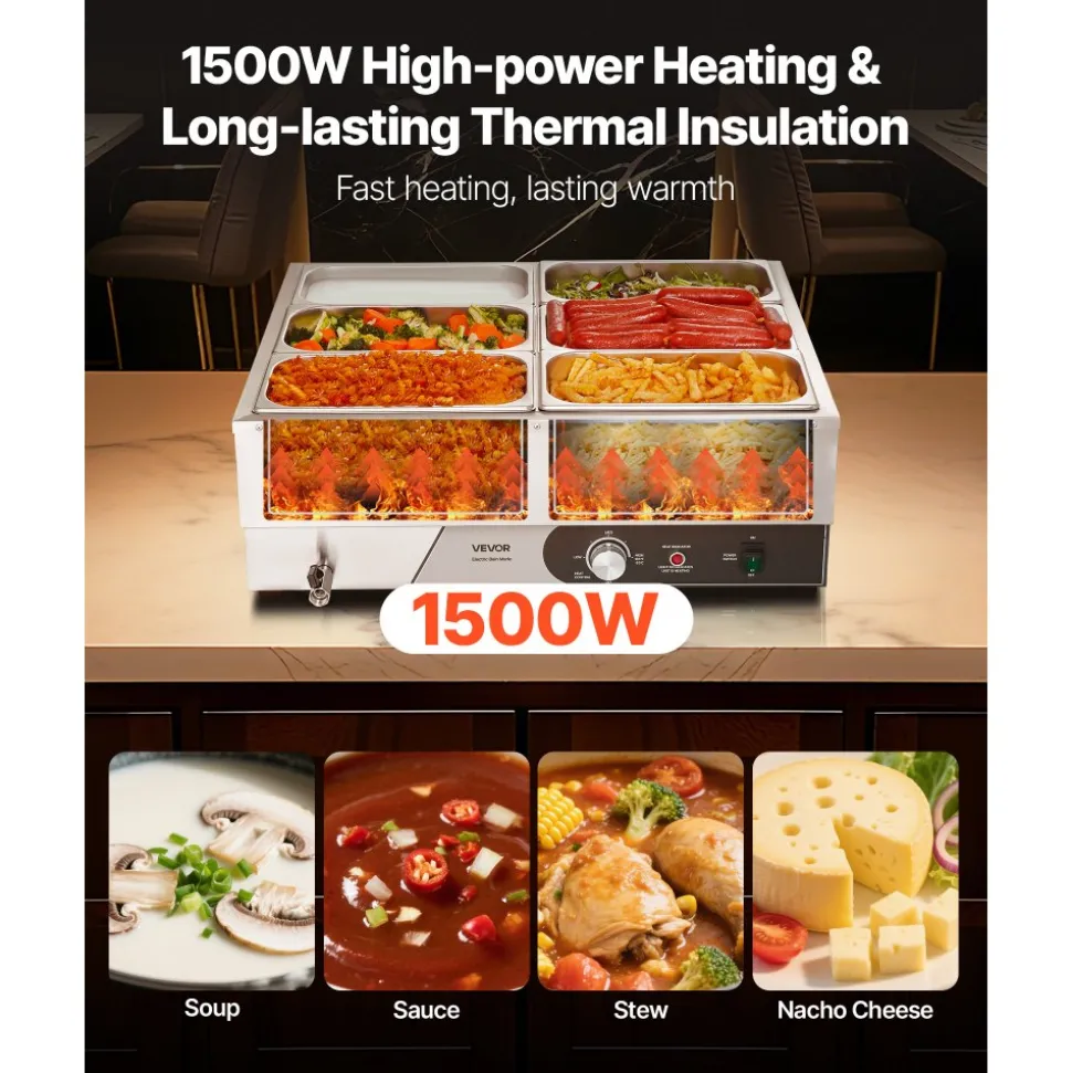 VEVOR Commercial Food Warmer, 1200W Electric Stainless Steel Steam Food Warmer, Fast Heating Countertop Buffet Bain Marie with Three 1/3 Size Food Pans, for Catering, Restaurants, Parties & Buffets