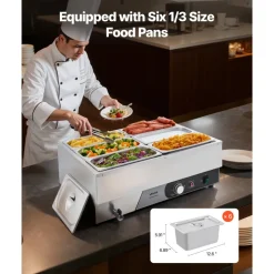 VEVOR Commercial Food Warmer, 1500W Electric Stainless Steel Steam Food Warmer, Fast Heating Countertop Buffet Bain Marie with Power Cord & Divider Strip, for Catering, Restaurants, Parties, Buffets