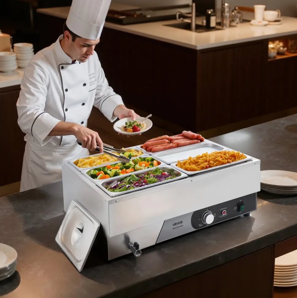 VEVOR Commercial Food Warmer, 1200W Electric Stainless Steel Steam Food Warmer, Fast Heating Countertop Buffet Bain Marie with Three 1/3 Size Food Pans, for Catering, Restaurants, Parties & Buffets
