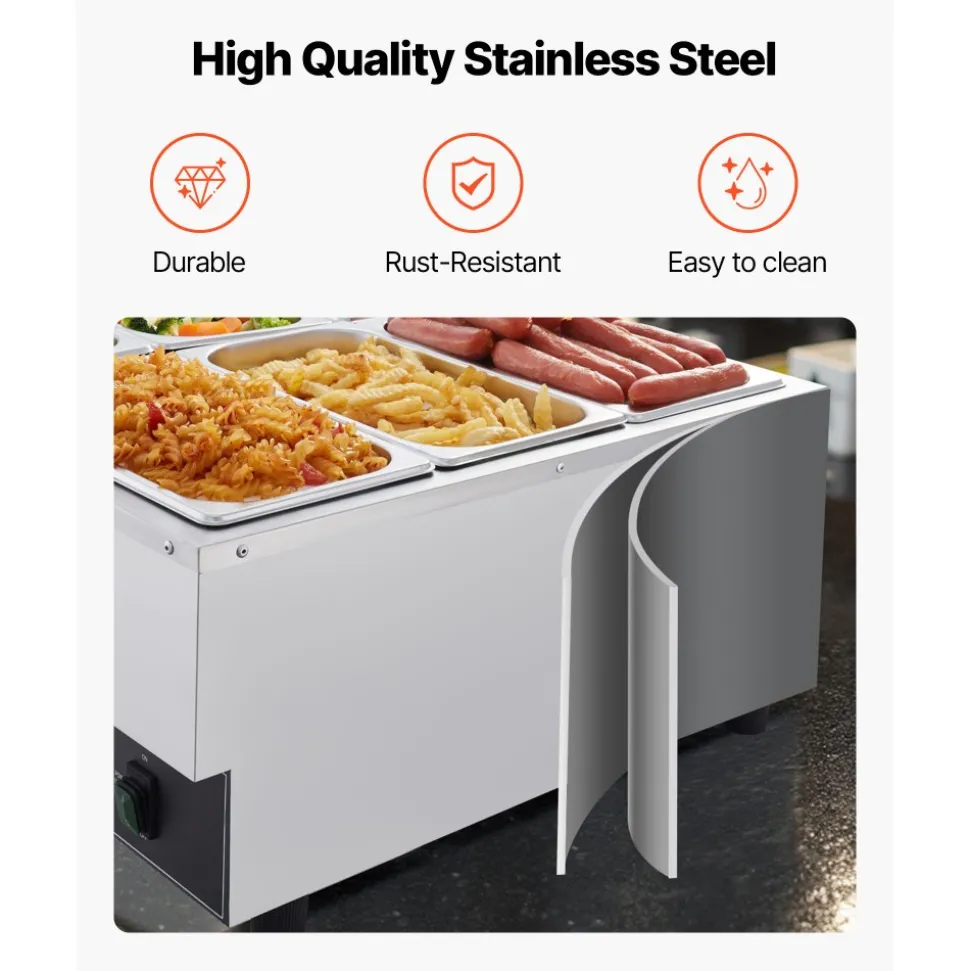 VEVOR Commercial Food Warmer, 1200W Electric Stainless Steel Steam Food Warmer, Fast Heating Countertop Buffet Bain Marie with Three 1/3 Size Food Pans, for Catering, Restaurants, Parties & Buffets