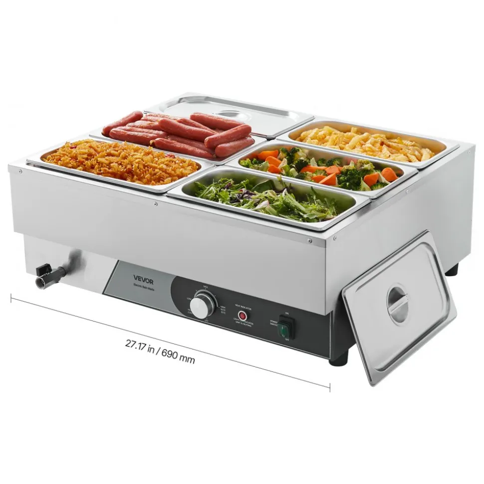 VEVOR Commercial Food Warmer, 1200W Electric Stainless Steel Steam Food Warmer, Fast Heating Countertop Buffet Bain Marie with Three 1/3 Size Food Pans, for Catering, Restaurants, Parties & Buffets