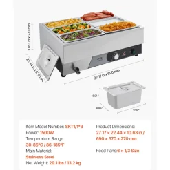 VEVOR Commercial Food Warmer, 1200W Electric Stainless Steel Steam Food Warmer, Fast Heating Countertop Buffet Bain Marie with Three 1/3 Size Food Pans, for Catering, Restaurants, Parties & Buffets