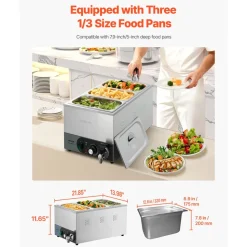 VEVOR Commercial Food Warmer, 1200W Electric Stainless Steel Steam Food Warmer, Fast Heating Countertop Buffet Bain Marie with Detachable Power Cord, for Catering, Restaurants, Parties & Buffets