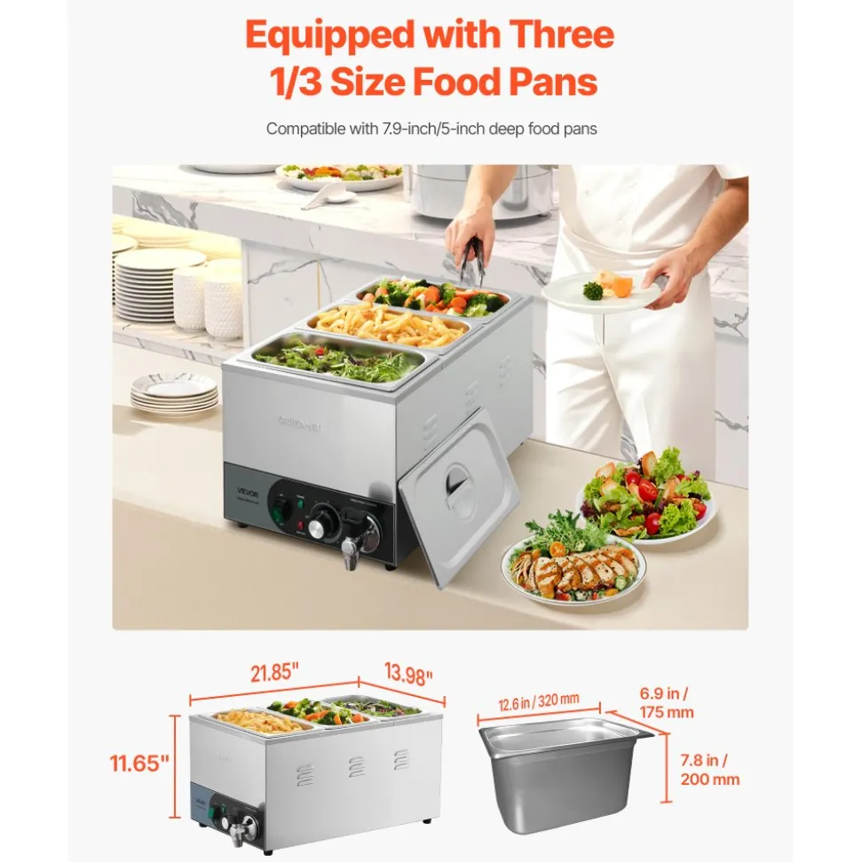 VEVOR Commercial Food Warmer, 1200W Electric Stainless Steel Steam Food Warmer, Fast Heating Countertop Buffet Bain Marie with Detachable Power Cord, for Catering, Restaurants, Parties & Buffets