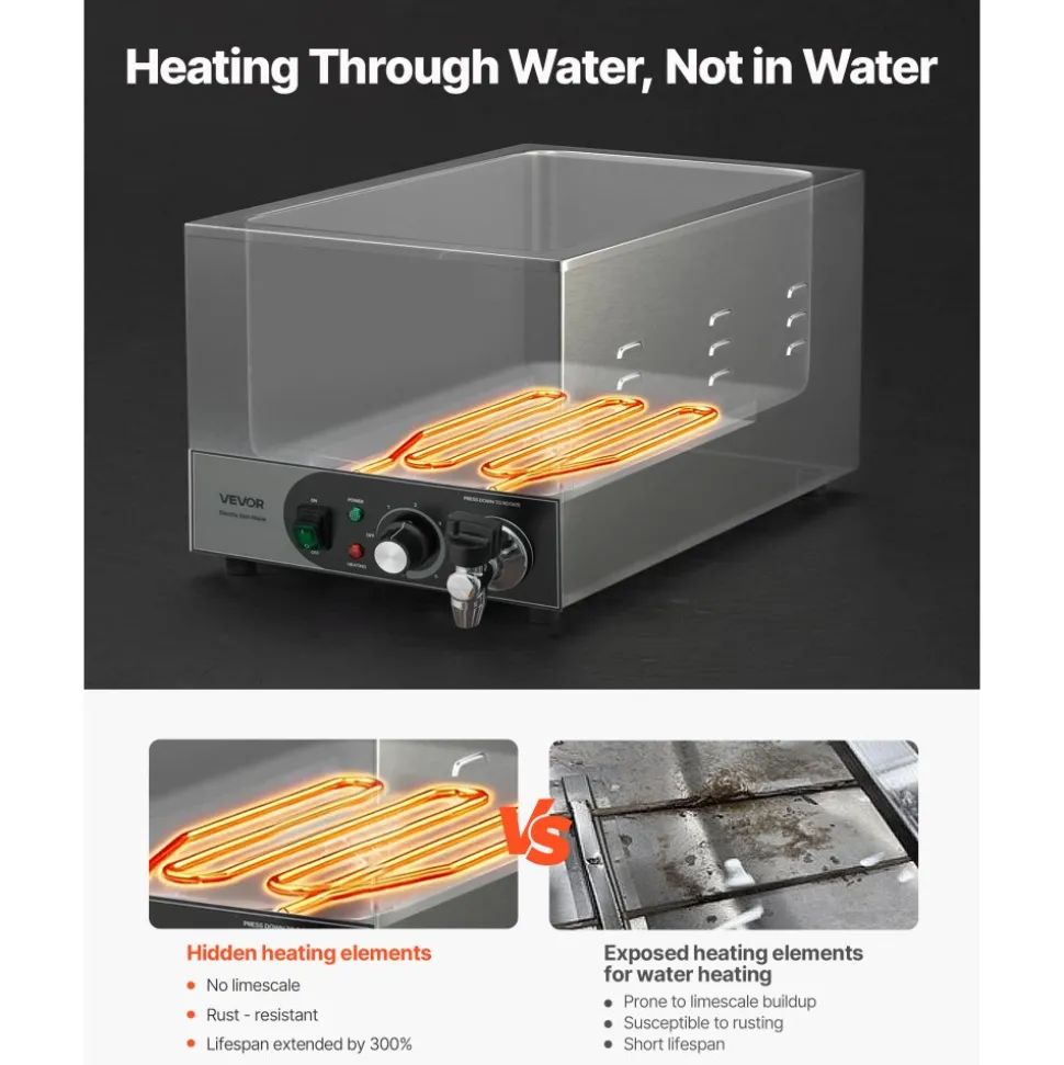 VEVOR Commercial Food Warmer, 1200W Electric Stainless Steel Steam Food Warmer, Fast Heating Countertop Buffet Bain Marie with Detachable Power Cord, for Catering, Restaurants, Parties & Buffets