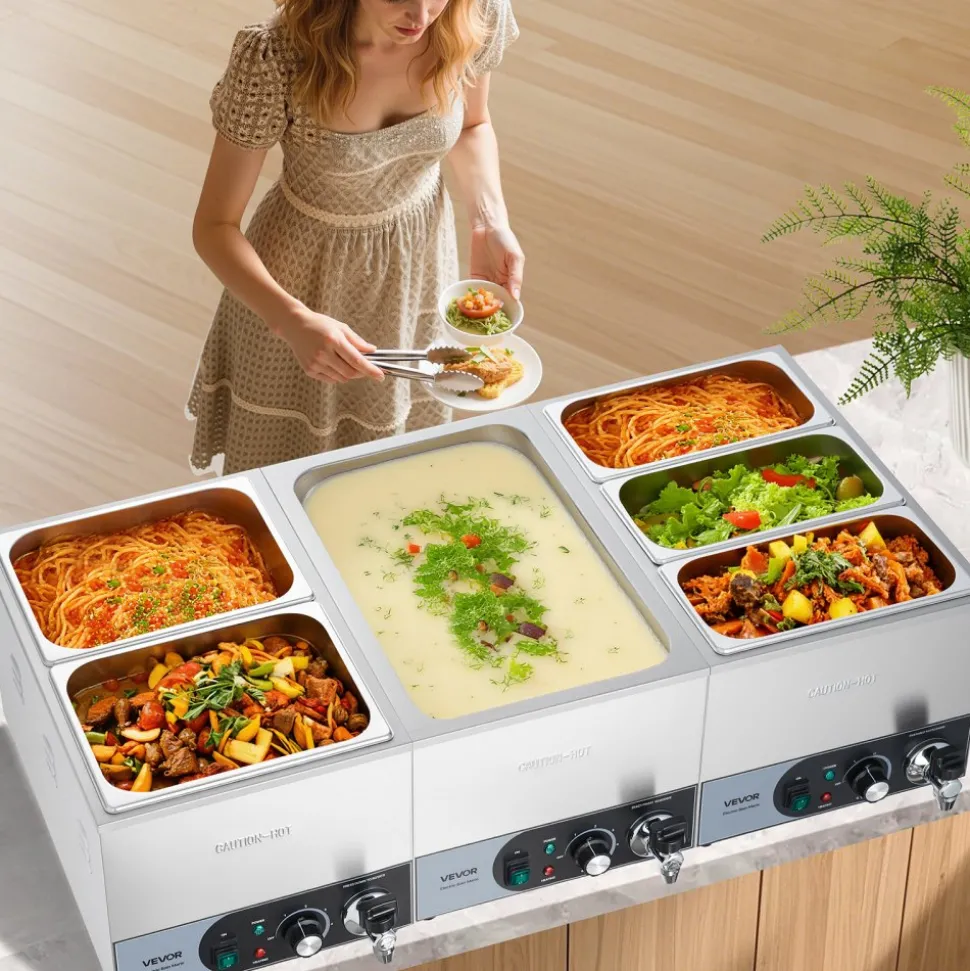 VEVOR Commercial Food Warmer, 1200W Electric Stainless Steel Steam Food Warmer, Fast Heating Countertop Buffet Bain Marie with Detachable Power Cord, for Catering, Restaurants, Parties & Buffets