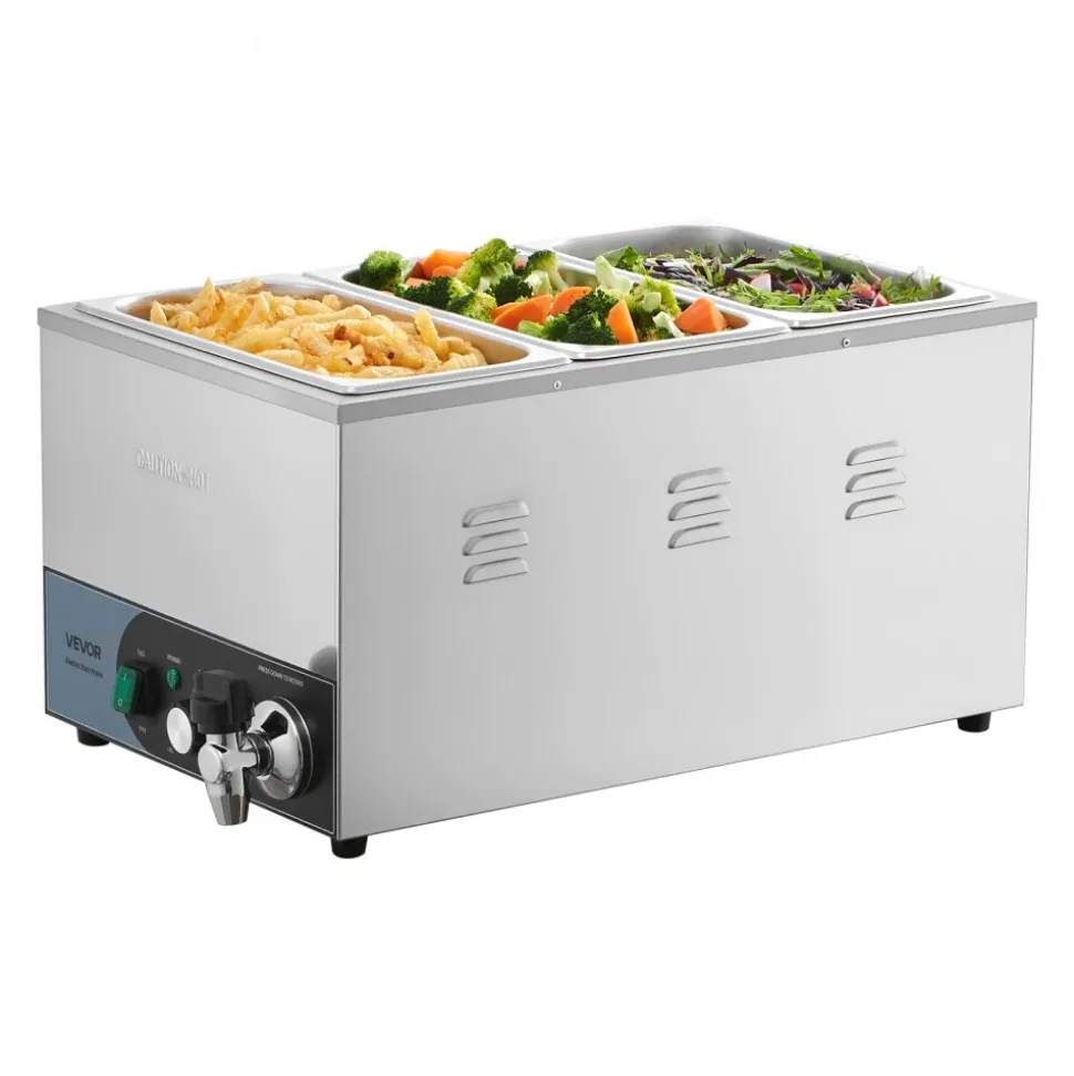 VEVOR Commercial Food Warmer, 1200W Electric Stainless Steel Steam Food Warmer, Fast Heating Countertop Buffet Bain Marie with Detachable Power Cord, for Catering, Restaurants, Parties & Buffets