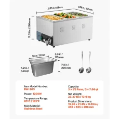 VEVOR Commercial Food Warmer, 1200W Electric Stainless Steel Steam Food Warmer, Fast Heating Countertop Buffet Bain Marie with Detachable Power Cord, for Catering, Restaurants, Parties & Buffets