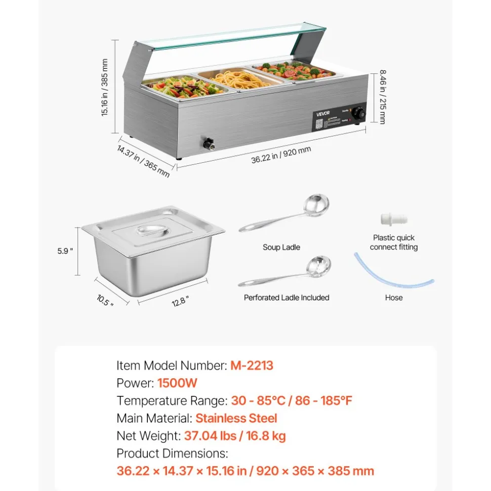 VEVOR Commercial Food Warmer, 1500W Electric Stainless Steel Steam Food Warmer with Glass Cover, 3-Pan Countertop Buffet Bain Marie with Soup & Perforated Ladles, for Catering, Restaurant & Party