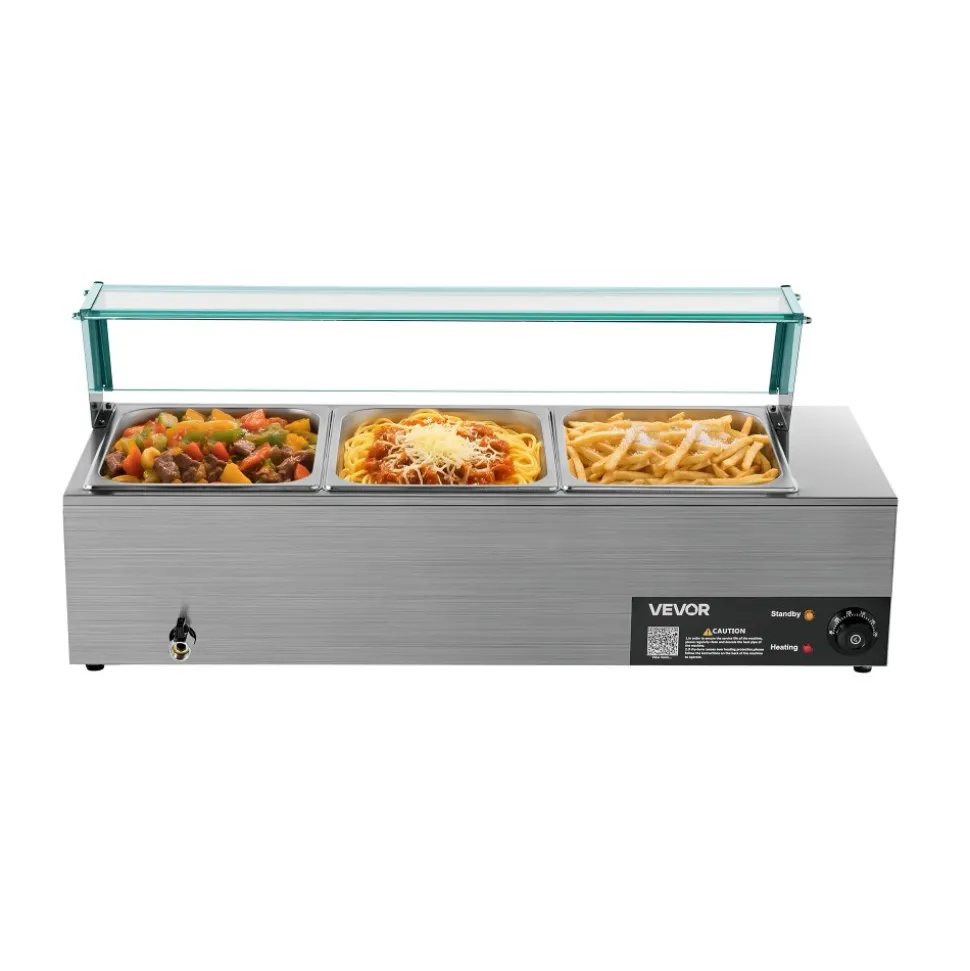 VEVOR Commercial Food Warmer, 1500W Electric Stainless Steel Steam Food Warmer with Glass Cover, 3-Pan Countertop Buffet Bain Marie with Soup & Perforated Ladles, for Catering, Restaurant & Party