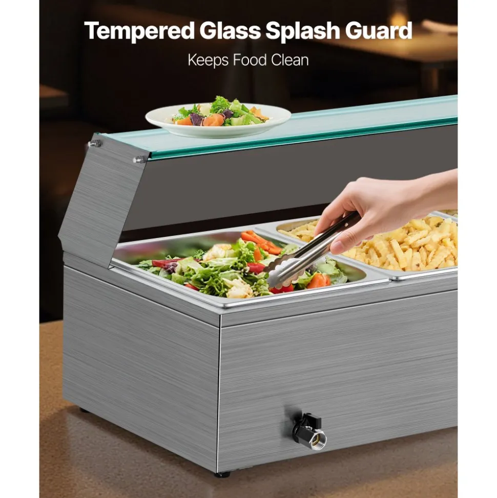 VEVOR Commercial Food Warmer, 1500W Electric Stainless Steel Steam Food Warmer with Glass Cover, 3-Pan Countertop Buffet Bain Marie with Soup & Perforated Ladles, for Catering, Restaurant & Party