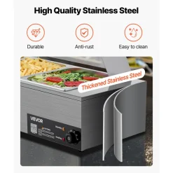 VEVOR Commercial Food Warmer, 1500W Electric Stainless Steel Steam Food Warmer with Glass Cover, 3-Pan Countertop Buffet Bain Marie with Soup & Perforated Ladles, for Catering, Restaurant & Party