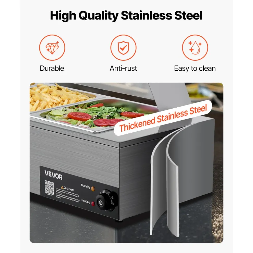 VEVOR Commercial Food Warmer, 1500W Electric Stainless Steel Steam Food Warmer with Glass Cover, 3-Pan Countertop Buffet Bain Marie with Soup & Perforated Ladles, for Catering, Restaurant & Party