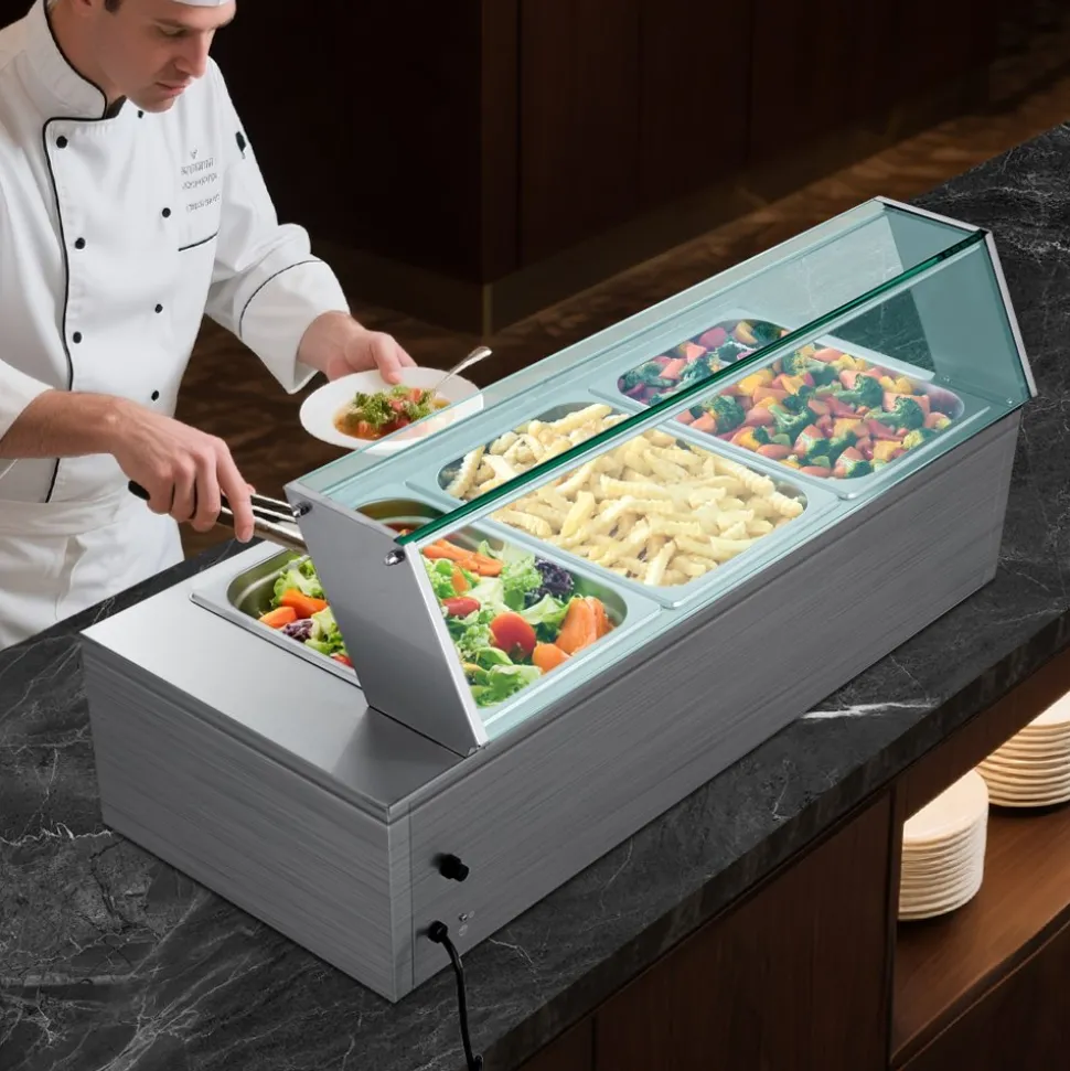 VEVOR Commercial Food Warmer, 1500W Electric Stainless Steel Steam Food Warmer with Glass Cover, 3-Pan Countertop Buffet Bain Marie with Soup & Perforated Ladles, for Catering, Restaurant & Party