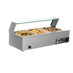 VEVOR Commercial Food Warmer, 1500W Electric Stainless Steel Steam Food Warmer with Glass Cover, 3-Pan Countertop Buffet Bain Marie with Soup & Perforated Ladles, for Catering, Restaurant & Party