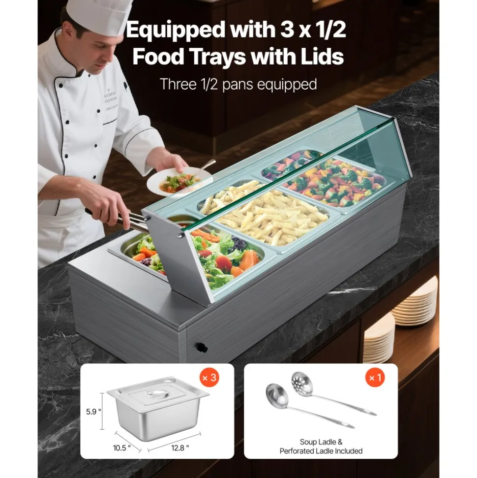 VEVOR Commercial Food Warmer, 1500W Electric Stainless Steel Steam Food Warmer with Glass Cover, 3-Pan Countertop Buffet Bain Marie with Soup & Perforated Ladles, for Catering, Restaurant & Party
