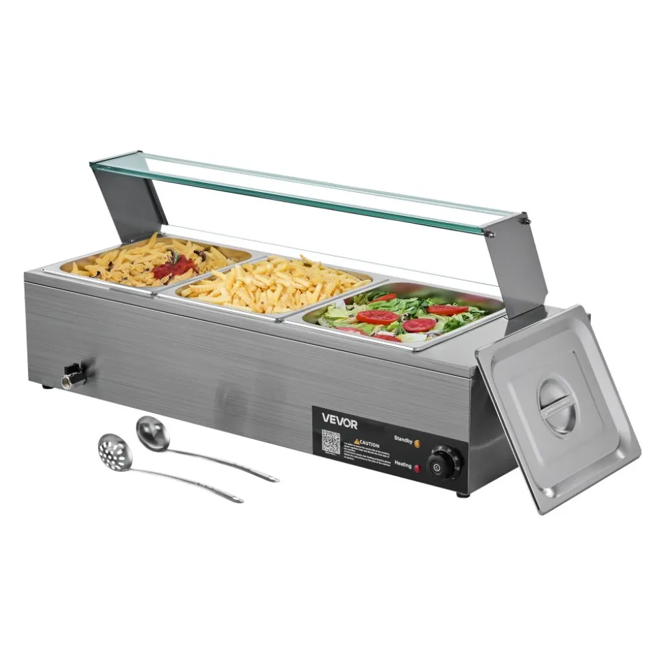 VEVOR Commercial Food Warmer, 1500W Electric Stainless Steel Steam Food Warmer with Glass Cover, 3-Pan Countertop Buffet Bain Marie with Soup & Perforated Ladles, for Catering, Restaurant & Party