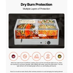 VEVOR Commercial Food Warmer, 1500W Electric Stainless Steel Steam Food Warmer with Lid, 4-Pan Fast Heating Countertop Buffet Bain Marie with Soup & Perforated Ladles, for Catering, Restaurant, Party