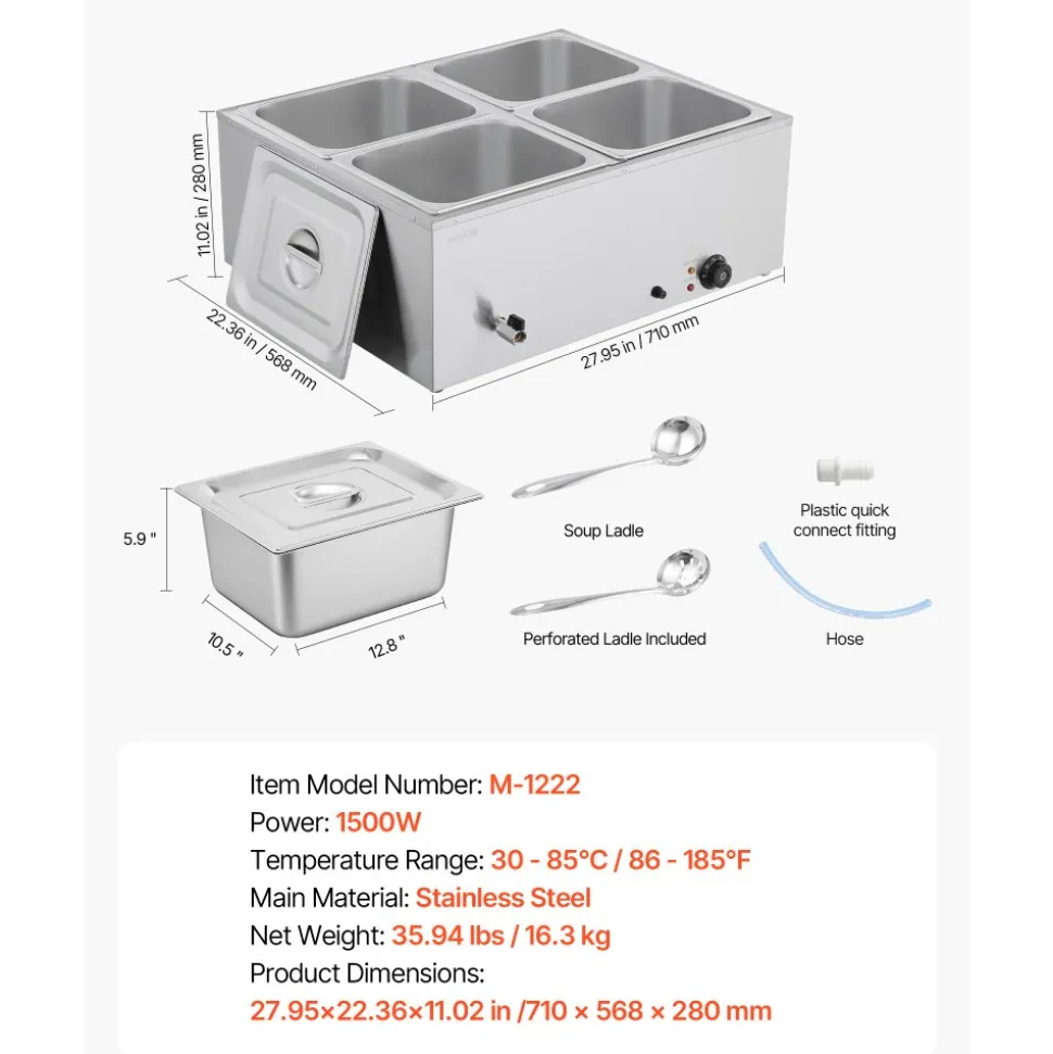 VEVOR Commercial Food Warmer, 1500W Electric Stainless Steel Steam Food Warmer with Lid, 4-Pan Fast Heating Countertop Buffet Bain Marie with Soup & Perforated Ladles, for Catering, Restaurant, Party