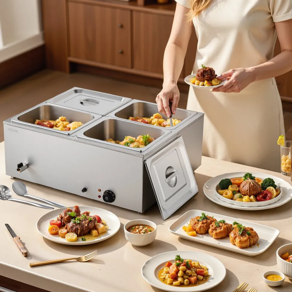 VEVOR Commercial Food Warmer, 1500W Electric Stainless Steel Steam Food Warmer with Lid, 4-Pan Fast Heating Countertop Buffet Bain Marie with Soup & Perforated Ladles, for Catering, Restaurant, Party