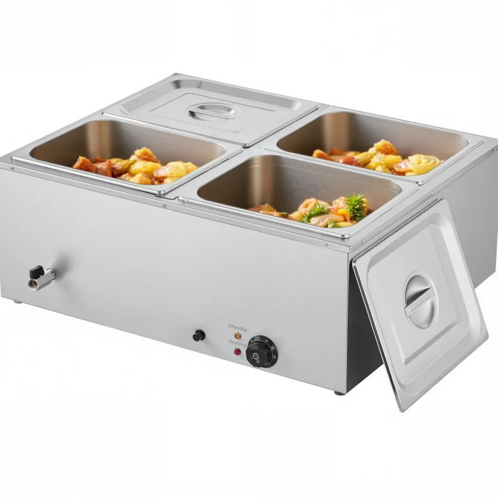 VEVOR Commercial Food Warmer, 1500W Electric Stainless Steel Steam Food Warmer with Lid, 4-Pan Fast Heating Countertop Buffet Bain Marie with Soup & Perforated Ladles, for Catering, Restaurant, Party