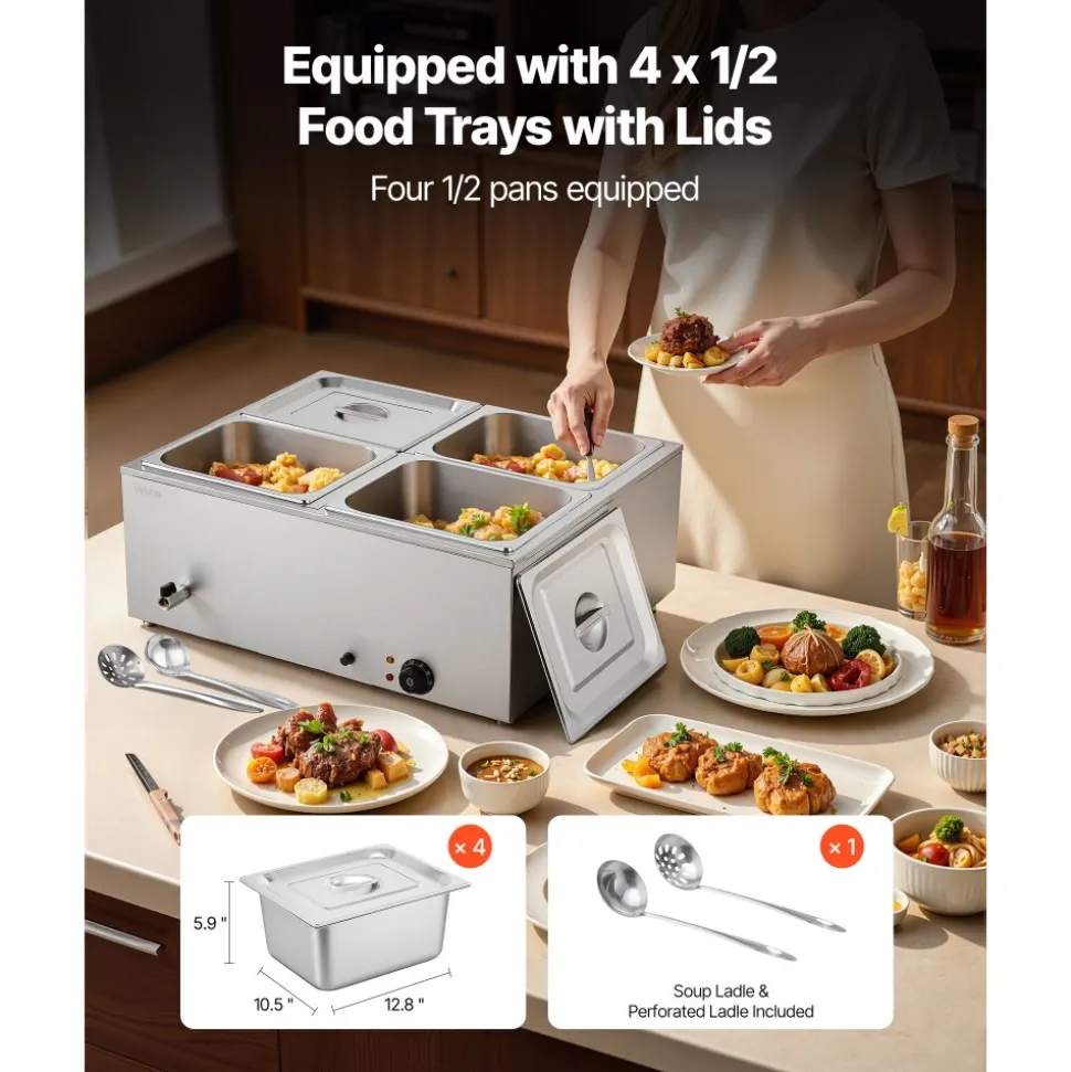 VEVOR Commercial Food Warmer, 1500W Electric Stainless Steel Steam Food Warmer with Lid, 4-Pan Fast Heating Countertop Buffet Bain Marie with Soup & Perforated Ladles, for Catering, Restaurant, Party