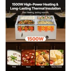 VEVOR Commercial Food Warmer, 1500W Electric Stainless Steel Steam Food Warmer with Lid, 4-Pan Fast Heating Countertop Buffet Bain Marie with Soup & Perforated Ladles, for Catering, Restaurant, Party