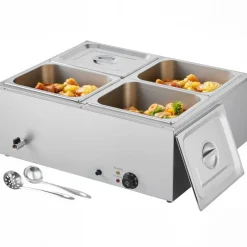 VEVOR Commercial Food Warmer, 1500W Electric Stainless Steel Steam Food Warmer with Lid, 4-Pan Fast Heating Countertop Buffet Bain Marie with Soup & Perforated Ladles, for Catering, Restaurant, Party