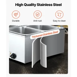 VEVOR Commercial Food Warmer, 1500W Electric Stainless Steel Steam Food Warmer with Lid, 4-Pan Fast Heating Countertop Buffet Bain Marie with Soup & Perforated Ladles, for Catering, Restaurant, Party