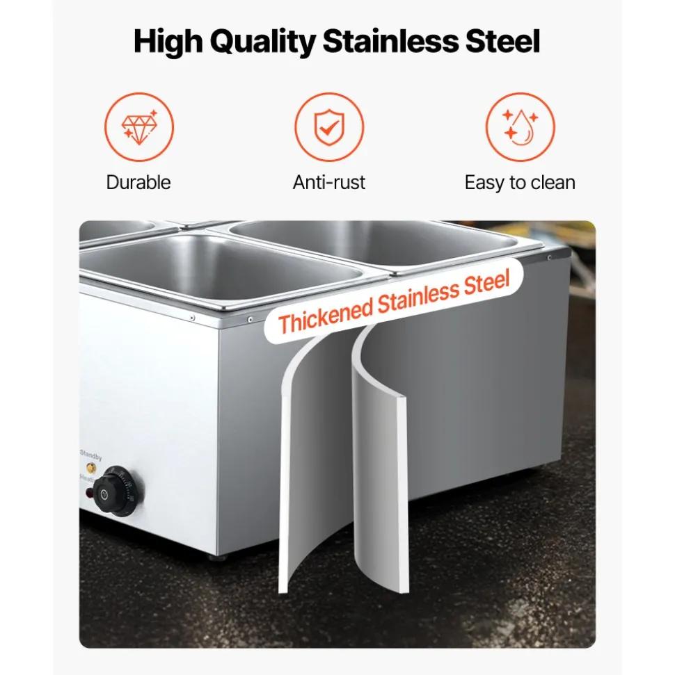 VEVOR Commercial Food Warmer, 1500W Electric Stainless Steel Steam Food Warmer with Lid, 4-Pan Fast Heating Countertop Buffet Bain Marie with Soup & Perforated Ladles, for Catering, Restaurant, Party