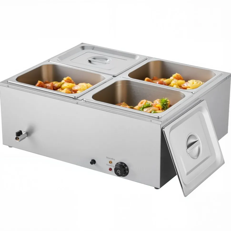 VEVOR Commercial Food Warmer, 1500W Electric Stainless Steel Steam Food Warmer with Lid, 4-Pan Fast Heating Countertop Buffet Bain Marie with Soup & Perforated Ladles, for Catering, Restaurant, Party