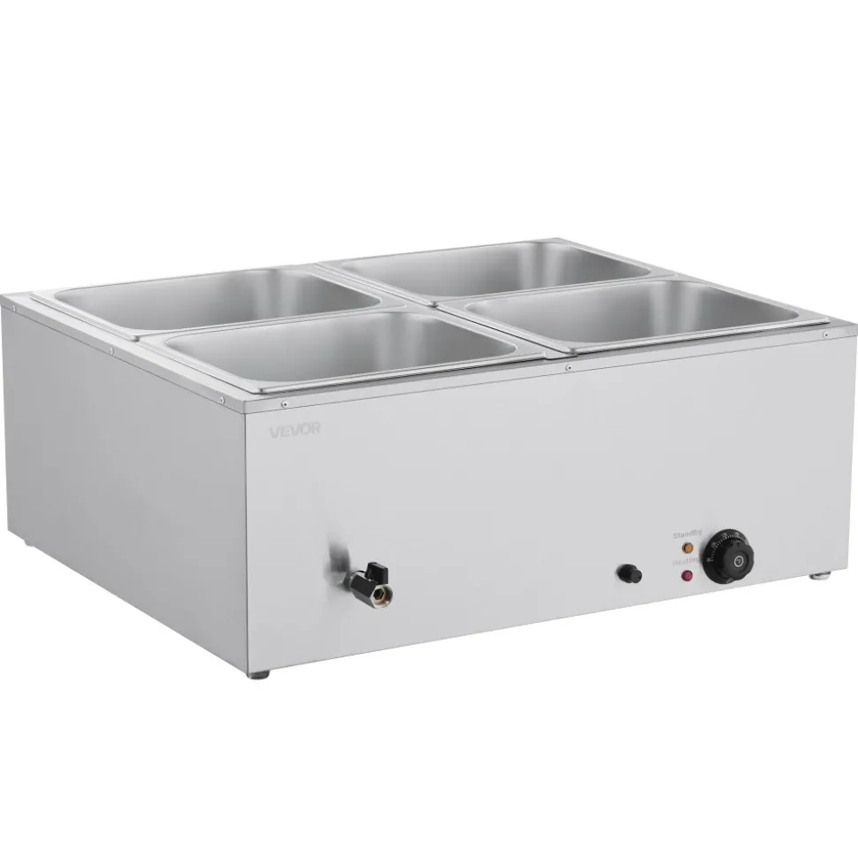 VEVOR Commercial Food Warmer, 1500W Electric Stainless Steel Steam Food Warmer with Lid, 4-Pan Fast Heating Countertop Buffet Bain Marie with Soup & Perforated Ladles, for Catering, Restaurant, Party